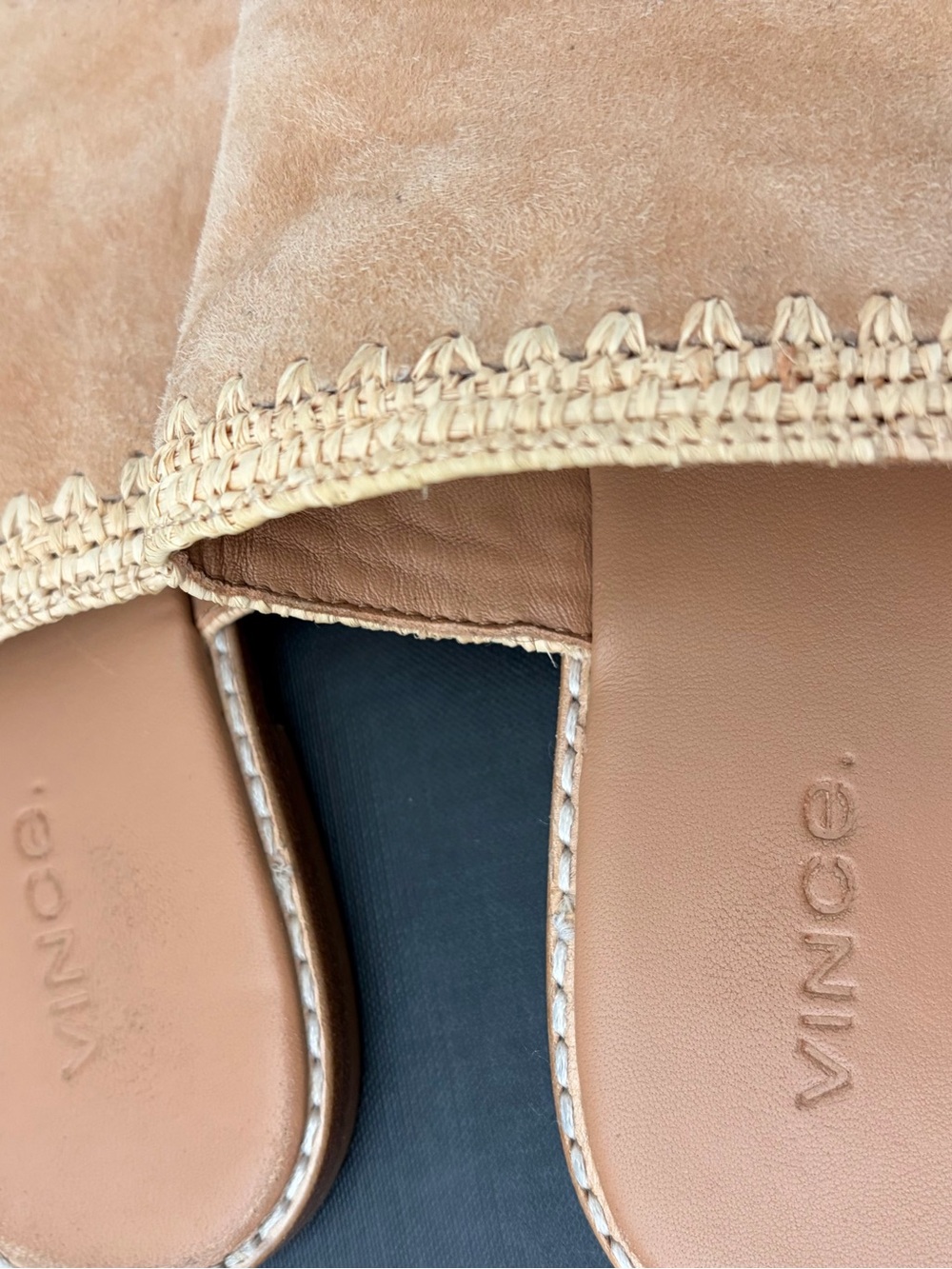 Vince Tan Suede and Leather Slide Mules with Woven Trim